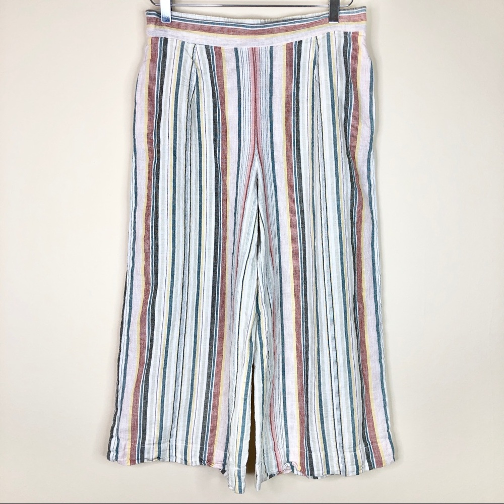 Beach Lunch Lounge Linen Multi Color Stripe Wide Leg Pull On Crop Pant Size M